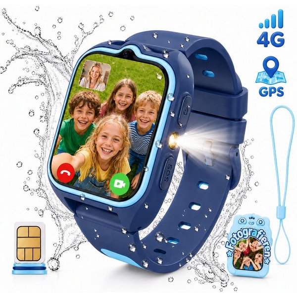 blackview 2026 Neues Kinderuhr 4G LTE mit GPS, HD-Videoanruf, 1,75 Zoll Smartwatch, 1,75'', GPS+LBS+WiFi, 4G-LTE, IP68, Knips-Freunde, mit Taschenlampe