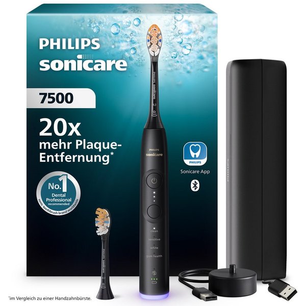 Philips Sonicare Elektrische Zahnbürste Series 7500, Aufsteckbürsten: 2 St., mit Drucksensor und 3 Intensitätsstufen, inkl. Reiseladeetui