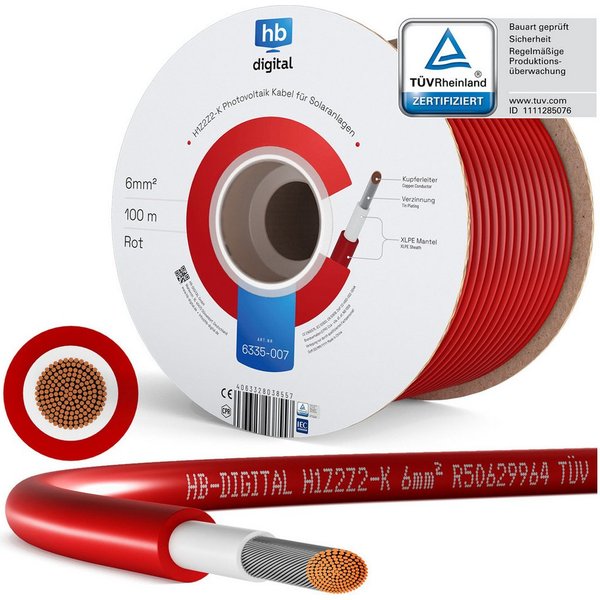 HB-DIGITAL Solarkabel 6mm2 Solarleitung H1Z2Z2-K Photovoltaik PV Kabel Solarkabel, Solarstecker, (10000 cm), TÜV Rheinland zertifizierte PV Kabel