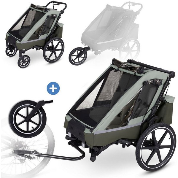 ABC Design Fahrradkinderanhänger Tour 2 für - Olive, 3in1 Fahrradanhänger, Kinderwagen & Jogger für 2 Kinder inkl. Luftrad