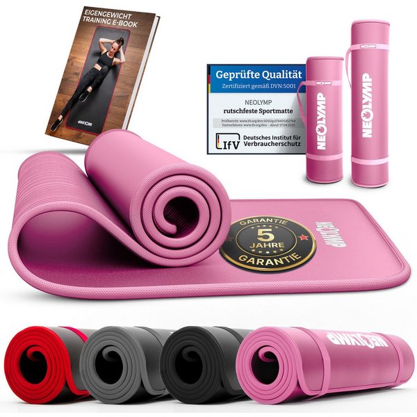 NEOLYMP Fitnessmatte (Yogamatte mit Tragegurt inklusive Trainingsbuch mit Übungseinheiten)
