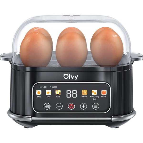 Olvy Eierkocher mit LCD-Touch-Display, Omlett-Funktion & Auto-Stopp, BPA-frei, Anzahl Eier: 6 St., Spülmaschinenfestes Zubehör, mit Messbecher und Eierstecher, 