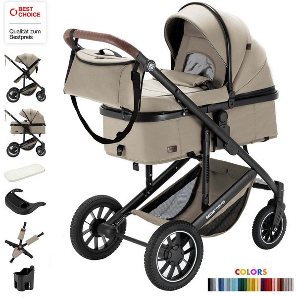 Daliya® Kombi-Kinderwagen FLEXI-PRO M 2in1 Kinderwagen & Buggy, Reisekinderwagen, XXL Set, (10-tlg), Einhändig abnehmbare Wanne, Alu-Rahmen, Gummireifen, Gurte,