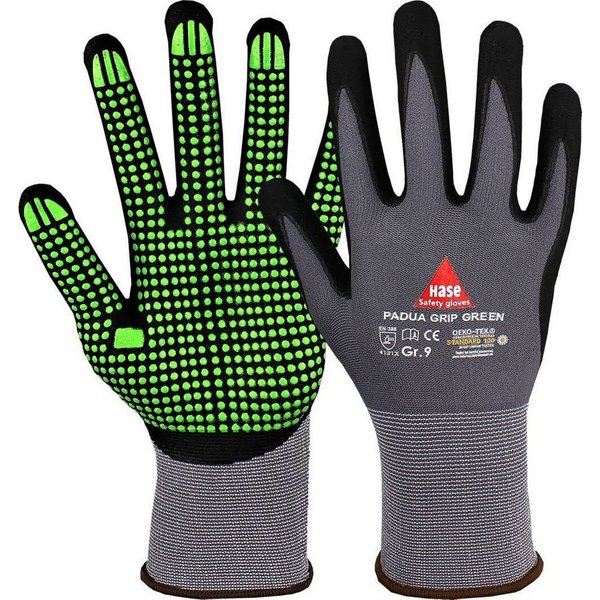 Hase Safety Gloves Arbeitshandschuhe Padua Grip green Montagehandschuh Nylonfeinstrick Nitrilschaum 508150G (Packung, 10-St., VPE= 10-100 Paar, Gr 6-11) Noppen/