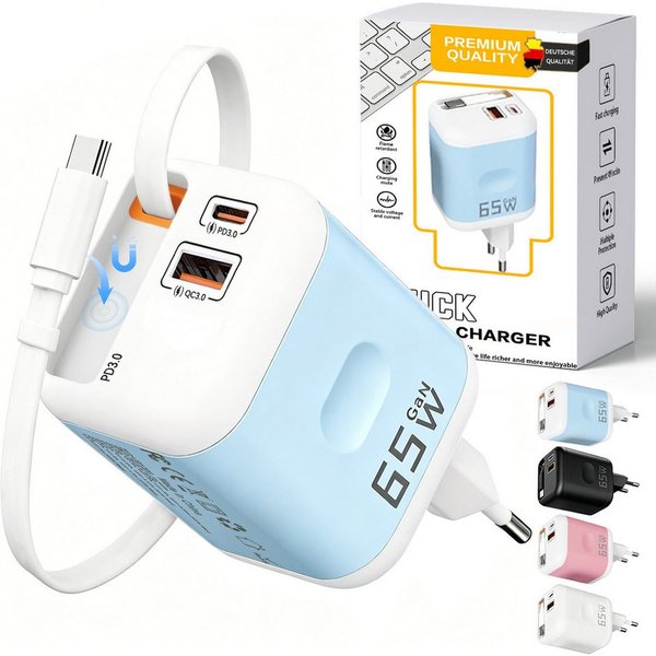 SWGOTA 2026 Neues 65W GaN 3-Port USB C Ladegerät mit Einziehbarem Kabel USB-Ladegerät (65W Schnellladegerät, 3-in-1 USB Netzteil, PD 3.0 Power Adapter, Unterstü