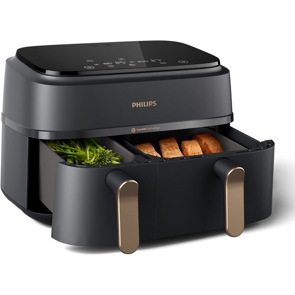 Philips Heißluftfritteuse 3000 Series NA352/00, Dual Basket Airfryer mit 9L Kapazität (3L+6L), 2750 W, RapidAir Technologie und 12 Kochfunktionen, Schwarz