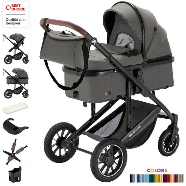 Daliya® Kombi-Kinderwagen FLEXI-PRO M 2in1 Kinderwagen & Buggy, Reisekinderwagen, XXL Set, (10-tlg), Einhändig abnehmbare Wanne, Alu-Rahmen, Gummireifen, Gurte,