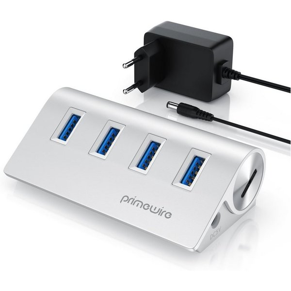 Primewire 4 Port USB 3.2 Gen2 Hub Aktiv Verteiler mit Netzteil, Alugehäuse USB-Adapter 1× USB Typ A Stecker zu 4 x USB 3.2 Gen2 Buchse, 10 Gbit/s für Festplatte