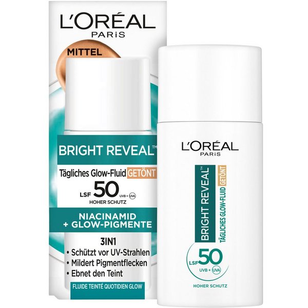L'Oréal Paris Bright Reveal Tägliches Glow-Fluid Getönt mit LSF 50 - Mittel Sonnengel · 50 ml