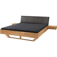 Massivholzbett 'Bolle' mit Holzkufen und Polsterkopfteil, 140 x 200, Wildeiche – Ansicht 1