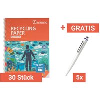 30 Stk. memo Spiralo A4 liniert 80 Blatt RC-plus+Gratis 5 Stk. Schneider 'K3 Biosafe' blau
