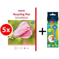 5 memo Schreibblöcke A4 liniert 50 Blatt + Schneider Fineliner 'Line-Up' 6er Etui – Ansicht 1