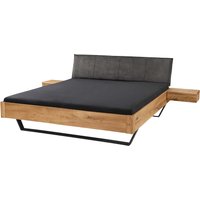 Massivholzbett 'Bolle' mit Metallkufen und Polsterkopfteil, 140 x 200 cm, Wildeiche – Ansicht 1