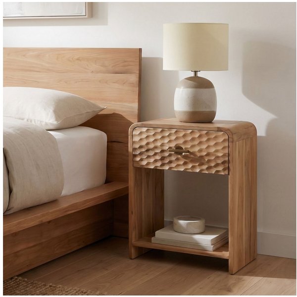 FineBuy Nachtkonsole Mango Massivholz 54cm Nachttisch Modern - Nachtkommode mit Schublade - Hohes Nachtkästchen Schlafzimmer mit Stauraum