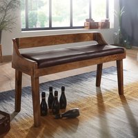 FineBuy gepolsterte Sitzbank mit Lehne 108 cm Massivholz Echtleder Braun - Retro Bank für Garderobe Schlafzimmer & Wohnzimmer - Garderobenbank Eingangsbereich – Ansicht 1