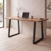 FineBuy Schreibtisch Akazie Massivholz / Metall Computertisch Baumkante, Homeoffice Bürotisch Massiv mit Trapezbeinen in Schwarz, Holztisch Laptoptisch Arbeitsz