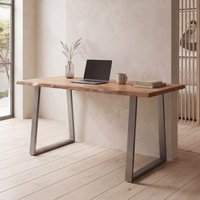 FineBuy Schreibtisch Akazie Massivholz / Metall Computertisch Baumkante, Homeoffice Bürotisch Massiv mit Trapezbeinen in Chrom, Holztisch Laptoptisch Arbeitszim – Ansicht 1
