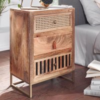 FineBuy Nachttisch aus Mango Massivholz mit Metallgestell und 3 Schubladen – Design Nachtkonsole im Boho & Natur Stil mit Wiener Geflecht, perfekte Nachtkommode