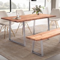 FineBuy Esszimmertisch rechteckig Massivholz Akazie Baumkante - Industrial Esstisch Baumstamm Massiv Echtholz - Küchentisch - Baumkantentisch mit silbernem Kufe