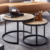 FineBuy Couchtisch 2er Set Massivholz / Metall Wohnzimmertisch Industrial Rund, Beistelltisch mit Metallbeine Schwarz, Tischset 2-teilig Satztisch Holz – Ansicht 1