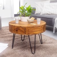 FineBuy Couchtisch Sheesham Massivholz rund Ø 60 cm – Wohnzimmertisch mit Schublade & schwarzen Hairpin Beinen | Retro Design Holztisch handgefertigt – Ansicht 1