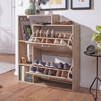 FineBuy Moderner Schuhkipper MASSA Holz 2 Fächer Sonoma Eiche 12 Paar Schuhe, Schuhschrank 85 x 24 x 93 cm, Schuhkommode Flur mit Ablage Regal – Ansicht 1