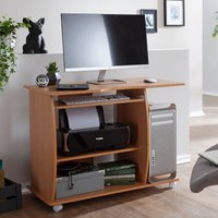 FineBuy Computertisch GRASSE rollbar Buche 90 x 71 x 50 cm mit Tastaturauszug, Laptop Tisch auf feststellbaren Rollen, PC-Tisch mit Drucker-Ablage platzsparend,