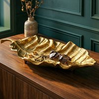 FineBuy Dekoschale Blatt Aluminium Schale 67cm - Design Tischdeko Metall Wohnzimmer - Alu Wohnaccessoire Modern - Metallschale Dekoration - Aluschale lang Handm