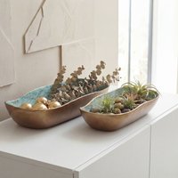 FineBuy Dekoschale 2er Set Aluminium Gold Patina Oval - Design Schale Metall Lebensmittelecht - Moderne Tischdeko - Metallschale Dekoration Vintage - Deko Wohna