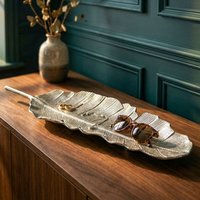 FineBuy Dekoschale Blatt Aluminium Silber Schale - Design Tischdeko Metall Wohnzimmer - Alu Wohnaccessoire Modern - Metallschale Dekoration - Aluschale lang Han
