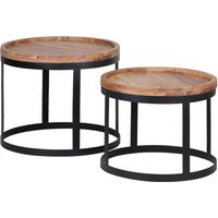 FineBuy Couchtisch 2er Set Massivholz rund · Wohnzimmertisch Set mit schwarzem Metallgestell · Handgefertigte Massivholztische im modernen Industrial Design – Ansicht 1