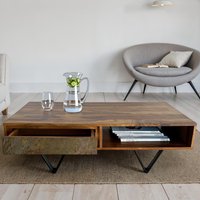 FineBuy Couchtisch rechteckig Sheesham Massivholz 115 cm, Wohnzimmertisch mit 2 Schubladen & Ablagefach, Steinoptik Front, Metallgestell Schwarz – Ansicht 1