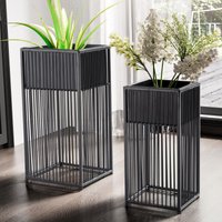 FineBuy Blumentopf 2er Set Metall Pflanzkübel Schwarz mit Gestell, Design Pflanzenkübel Quadratisch, Blumenkübel Pflanzgefäß Indoor