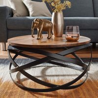 FineBuy Couchtisch MANUR rund aus Sheesham Massivholz Ø 60 cm – Wohnzimmertisch im Industrial Design mit schwarzem Metallgestell – Handgefertigter Holztisch Nat – Ansicht 1