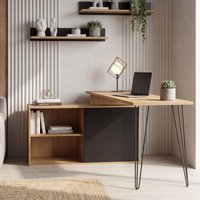FineBuy Schreibtisch MDF 130cm Eiche Dekor Schwarz L Form mit Regal - Design Eckschreibtisch mit Schrank - Computertisch Holzoptik - Schreibtischkombination Sch