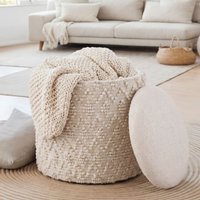 FineBuy Sitzhocker mit Stauraum aus Wolle 40cm Creme Stoff Rund - Design Boho Stoffhocker mit abnehmbarem Deckel - Polsterhocker Schminktisch Hocker - Beistellh
