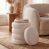 FineBuy Sitzhocker mit Stauraum aus Teddy Stoff 40cm Creme Rund - Design Boho Stoffhocker mit abnehmbarem Deckel - Polsterhocker Schminktisch Hocker - Beistellh – Ansicht 1