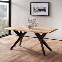 FineBuy Esstisch Akazie Massivholz mit Schwarzem Design Metallgestell - Massiver Industrial Loft Esszimmertisch - Holztisch rechteckig