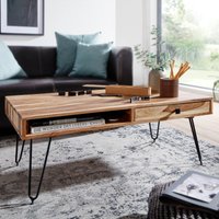FineBuy Couchtisch Massivholz 110 cm · Industrial Wohnzimmertisch rechteckig mit Hairpin Beinen, 2 Schubladen & Ablagefächern · Handgefertigt