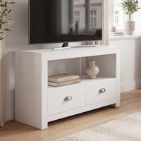 FineBuy Lowboard TV Möbel Weiß 85cm - Kompaktes TV Board mit zwei Schubladen - Fernsehunterschrank mit offenem Fach - Platzsparende Fernsehkommode - Fernsehschr – Ansicht 1