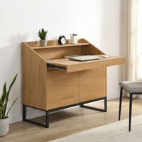 FineBuy Sekretär MDF 100cm Eiche Dekor Metall Beine Rechteckig - Design Kompakt Schreibtisch Ausziehbar mit Stauraum - Schreibtisch Holzoptik - Bürotisch mit Sc – Ansicht 1