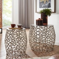FineBuy Beistelltisch 2er Set Aluminium Design Satztisch Metall Rund, Wohnzimmertisch Couchtisch Ast-Struktur Modern, Sofatisch 2-teilig Wohnzimmer Dekotisch – Ansicht 1