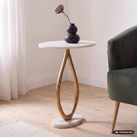 FineBuy Beistelltisch Oval Gold 45cm mit Massiver Marmorplatte Weiß - Wohnzimmertisch Naturstein Anstelltisch - Sofatisch Design Metall Couchtisch - Tisch Moder