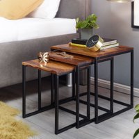 FineBuy Satztisch 3er Set Sheesham Massivholz / Metall Beistelltisch Eckig Modern, Design Couchtisch 3-teilig, Wohnzimmertisch Platzsparend, Holztisch Kaffeetis – Ansicht 1