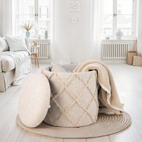 FineBuy Sitzhocker mit Stauraum rund 40x40x45 cm, Polsterhocker Creme Baumwolle Boho Design, Hocker mit abnehmbarem Deckel & Staufach, Stoff Dekohocker für Wohn