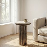 FineBuy Beistelltisch Metall mit weißer Marmor Tischplatte 36cm Rund - Design Anstelltisch Aluminium - Loungetisch Säulenbein - Alu Sofatisch - Couchtisch Wohnz – Ansicht 1