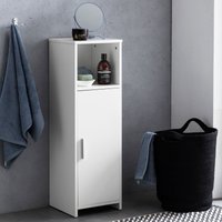 FineBuy Badschrank 30 x 95,5 x 30 cm Weiß Holz mit Tür und Ablagefach, Kleiner Bad-Schrank Beistellschrank Stehend, Badregal Schmal Freistehend Badezimmerkommod – Ansicht 1