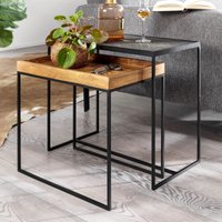 FineBuy Wohnzimmertisch 2er Set Mango Massivholz / Stein-Optik Beistelltisch Eckig, Design Beistelltisch Industrial, Sofatisch Couchtisch Rechteckig, Tischset 2 – Ansicht 1