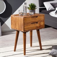 FineBuy Nachttisch Sheesham Massivholz mit 2 Schubladen - Nachtkästchen für Boxspringbett - Nachtkonsole Retro Design - Nachtkommode 47x66x36 cm – Ansicht 1