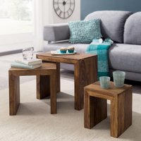 FineBuy 3er Set Satztisch Massiv-Holz Wohnzimmer-Tisch Landhaus-Stil Beistelltisch dunkel-braun Naturholz Couchtisch Natur-Produkt Wohnzimmermöbel Unikat Massiv